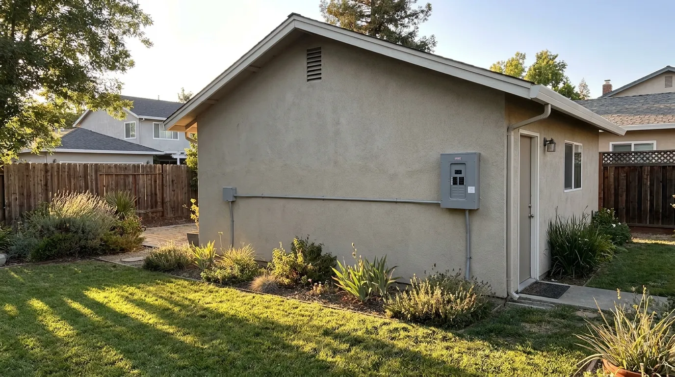 Electrical conduit and subpanel mounted on exterior wall of Sacramento backyard ADU